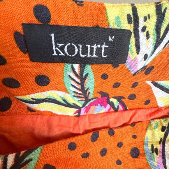 Kourt Aria Linen Tropical Short Dress Pockets Fruit Bird Medium Orange - Picture 4 of 14